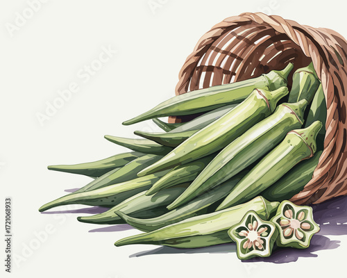 Okra Harvest A Detailed Watercolor Illustration of Fresh Vegetables