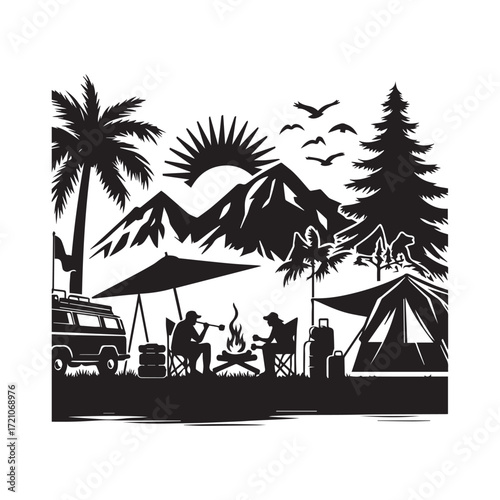 Silhouette of a couple camping with a van, tent, and campfire, surrounded by palm trees and mountains at sunrise