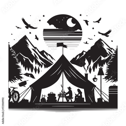 Silhouette of a family camping in front of a large tent with mountains and a moonlit sky in the background