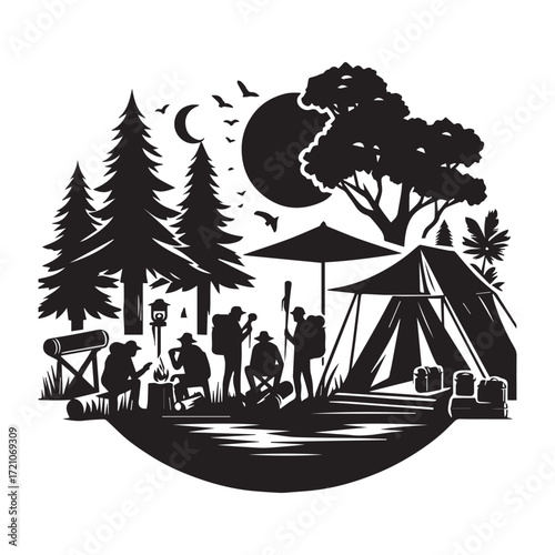 Silhouette of a group of people camping by a lake at night with a tent and campfire campsite hikers