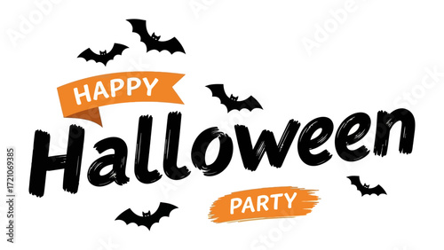 Halloween Celebration: An eye-catching graphic art that shows festive banners and silhouetted bats encircling the words Happy Halloween Party, representing the excitement and joy of the occasion.