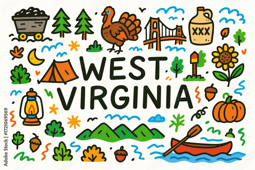 Fototapeta premium West virginia doodle icon set. nature, culture, landmarks illustrated collection