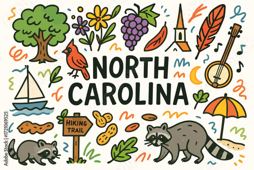 North carolina outline icon set. explore nature, culture, and wildlife in style.