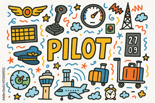 Aviation and pilot doodle icon set. transportation themed collection with colored outline style.