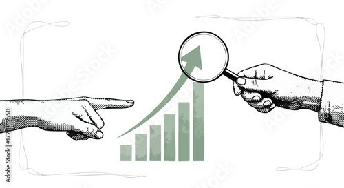 Illustration of a hand pointing towards a rising bar graph magnified by a magnifying glass held by another hand.