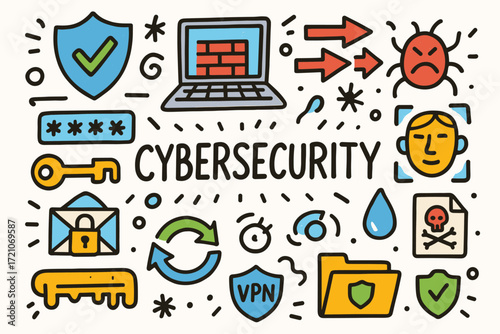Cybersecurity icon set. data protection, antivirus symbols, filled style collection