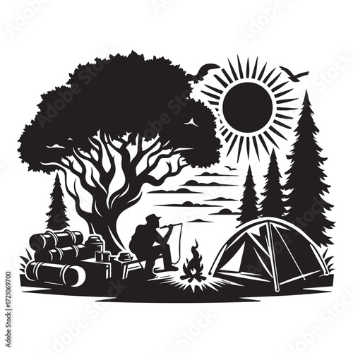 Silhouette of a lone camper enjoying a campfire under a large tree with a tent and camping gear