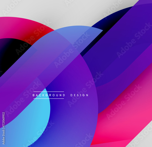 Abstract colorful shapes overlap creating dynamic visual effect. Gradient hues blend smoothly, forming modern design.