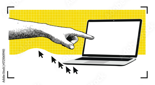 A stylized graphic illustration of a large hand pointing at a laptop screen, with multiple mouse cursors following a wavy path below, set against a yellow grid background.