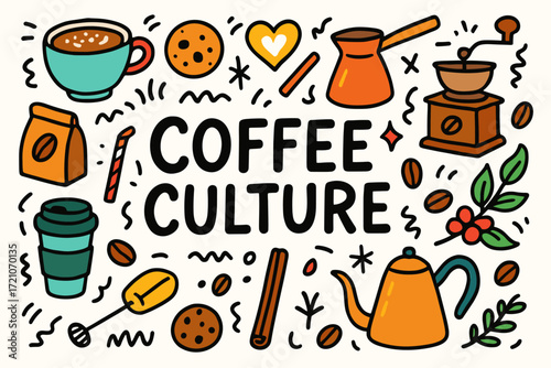 Coffee culture flat icon set: café, drink essentials, espresso, coffee beans, brewing