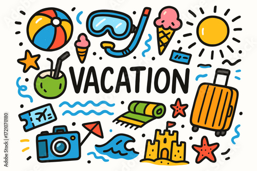Travel and vacation icon set. fun doodle style illustrations for summer adventures.