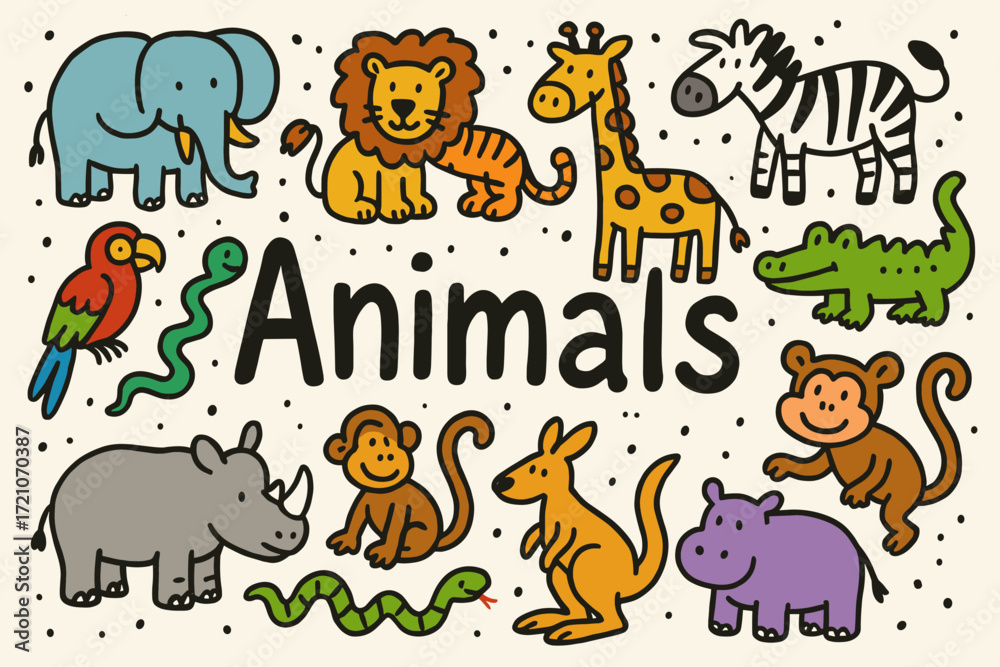 Obraz premium Animals doodle icon set. hand-drawn, playful zoo animals illustration.