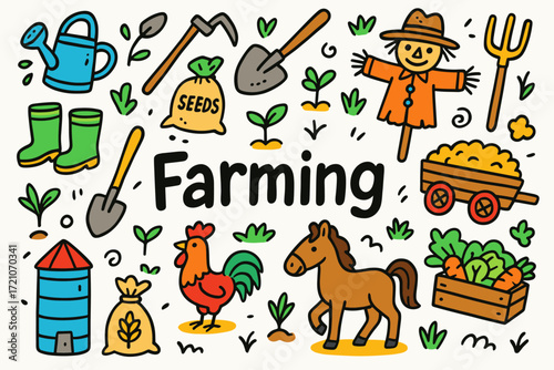 Farming icon set. agriculture and gardening tools in flat style