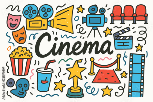 Cinema and entertainment icon set in a flat style. movie, popcorn, film reel, clapboard.