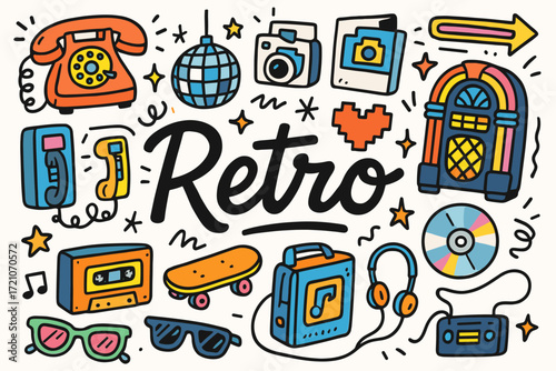Retro, vintage flat icon set. nostalgic, old school style icons collection.