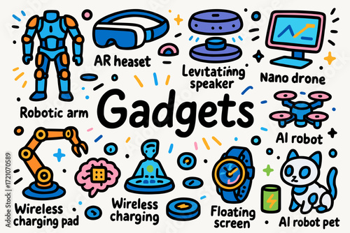 Gadgets flat icon set. robotic, wearable, ai technology and smart devices collection