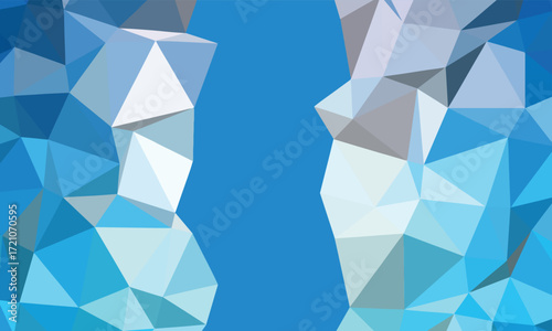 Geometric triangular shapes form a light and dark blue pattern against a solid backdrop
