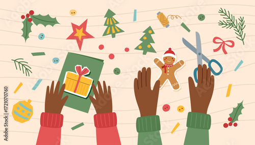 Handmade Christmas card. Sustainable Christmas concept. Making handmade eco-friendly gifts with a child. Family concept. Vector flat banner.