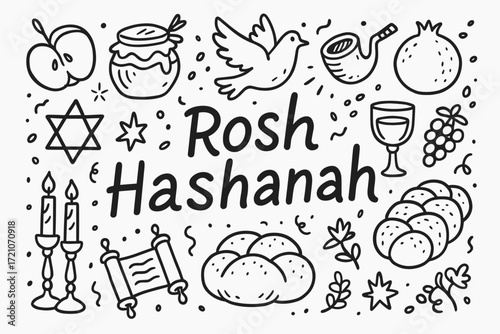 Rosh hashanah line icon set. jewish holiday symbols outlined collection.
