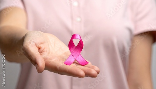 A woman Showing a Pink Ribbon, a Symbol of Support for Breast Cancer Awareness