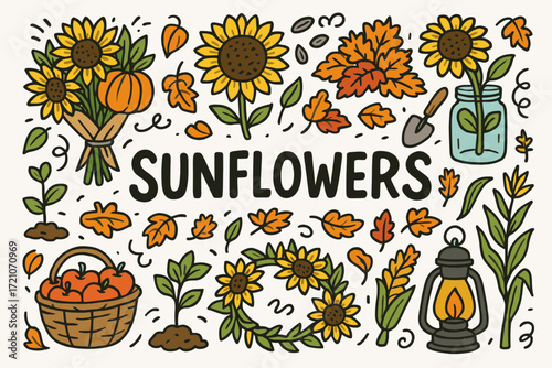 Autumn harvest icon set. fall, nature, seasonal icons in doodle style collection