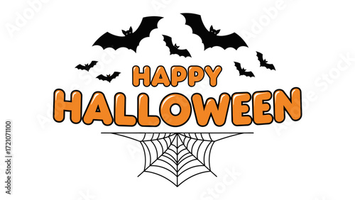 Happy Halloween: A festive Halloween design featuring bats, a spiderweb, and the greeting Happy Halloween, perfect for greeting cards and party invitations!