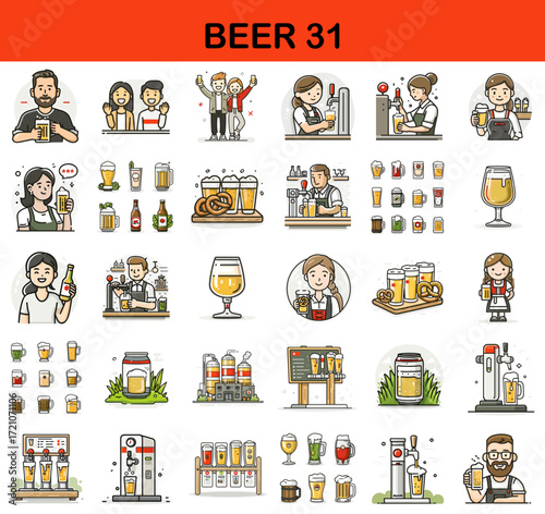 Beer illustrations featuring bartenders, glasses, and craft beer symbols  