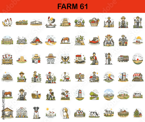Farm-themed illustrations depicting various rural activities and elements  
