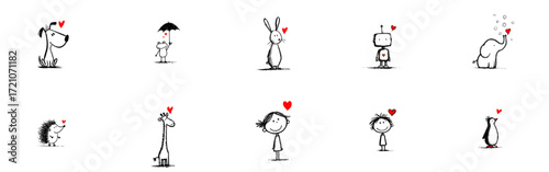 Cartoon characters expressing love with hearts around them  