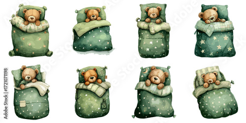 Cute teddy bears sleeping in cozy green blankets with stars  