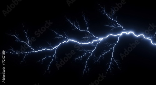 Bright Lightning Strike with Intense Blue Light Against Black Sky