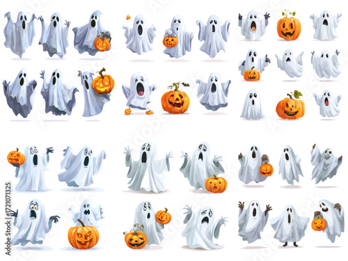 Whimsical ghosts expressing various emotions with pumpkins for Halloween  