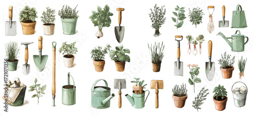 Collection of potted plants and gardening tools in natural style  