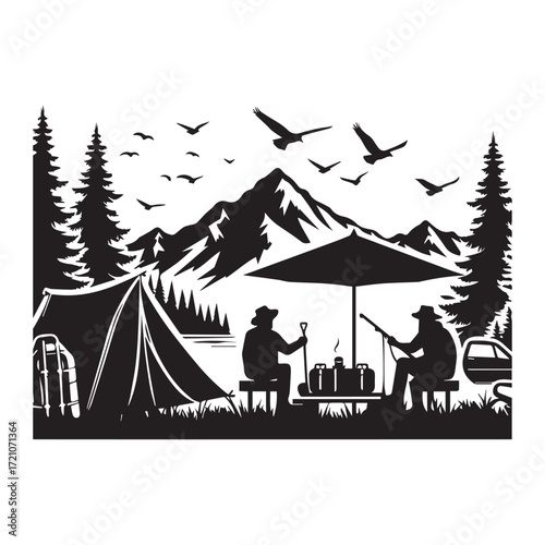Silhouette of campers enjoying a lakeside mountain landscape with a tent and campfire camping