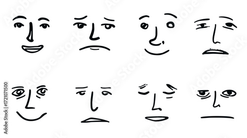 Various facial expressions illustrating emotions in simple line art  
