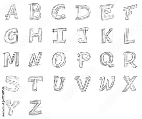 Hand-drawn alphabet letters in uppercase style on white background  