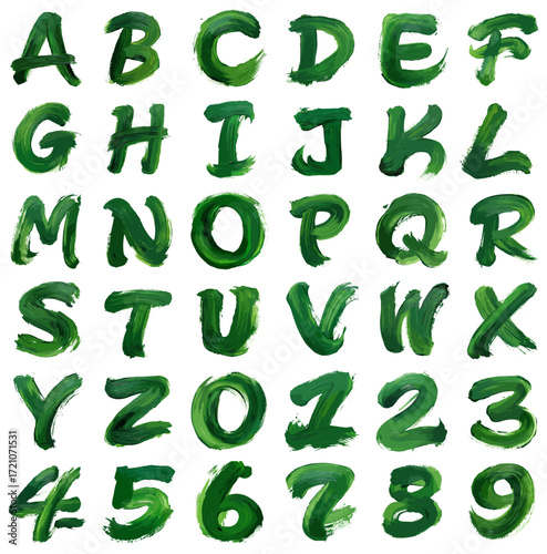 Green painted alphabet and numbers in artistic brush style  