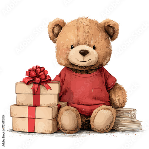 Adorable teddy bear in red shirt sitting beside gift boxes  