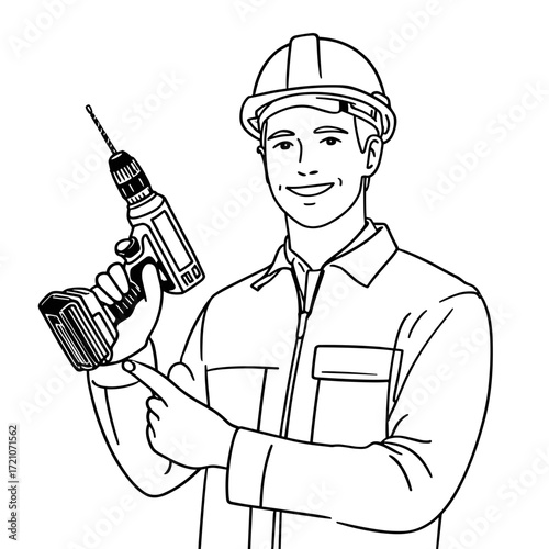 Construction worker pointing at cordless drill while smiling  