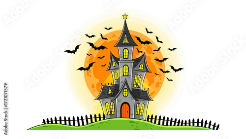 Haunted Mansion Silhouette: A spooky haunted mansion silhouette against a vibrant orange moon. Bat silhouettes circle above, adding to the eerie atmosphere. Perfect for Halloween.