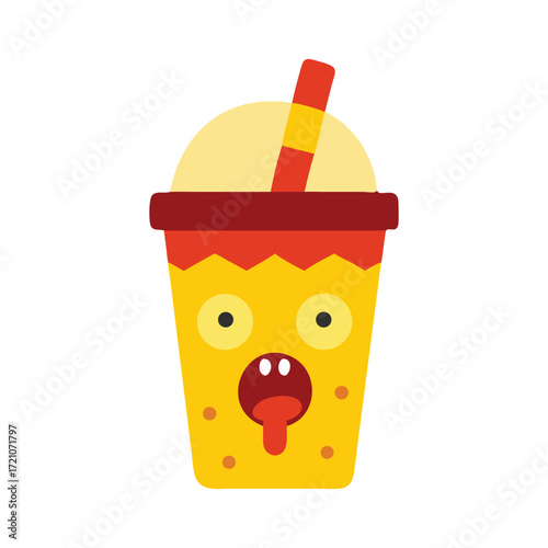 A fun and quirky cartoon illustration of a yellow zombie themed slushy drink with a straw and a playful slightly scary face on a white background