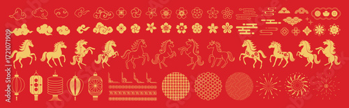 Chinese New Year 2026 element vector set. Year of the horse design. Lanterns, horse, firework, frame, pattern, cloud, coin, flower, pattern. Icons of Asian Lunar New Year holiday decoration. 