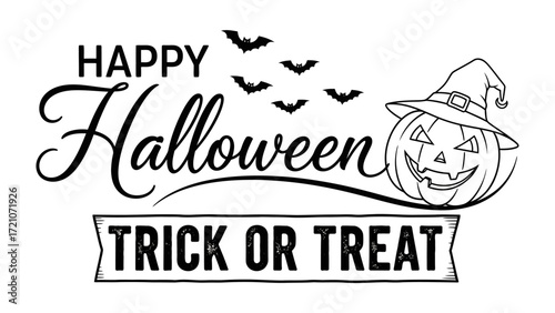 Spooky Halloween Greeting: A classic Halloween design, featuring a grinning jack-o'-lantern wearing a witch's hat and the words Happy Halloween - Trick or Treat complete with bats.