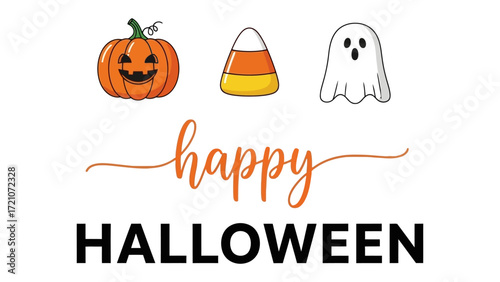 Halloween Fun: Pumpkin, candy corn, and a ghost bring Halloween cheer, creating a playful illustration with vibrant colors and a touch of spooky charm, perfect for festive designs.
