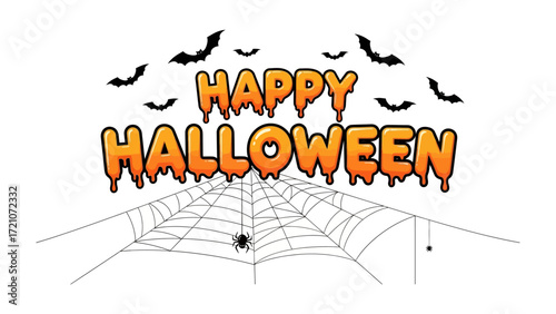 Festive Halloween Scene: Eerie and spooky cartoonish illustration captures the spirit of Halloween with stylized typography, spiders, web, and bats in the air. 