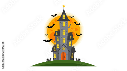 Spooky Halloween Castle with bats: A spooky castle against a glowing orange full moon background. Several bats swarm the scenery, enhancing the eerie atmosphere