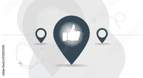 Illustration of a location marker with a thumbs-up symbol, representing positive feedback and approval.