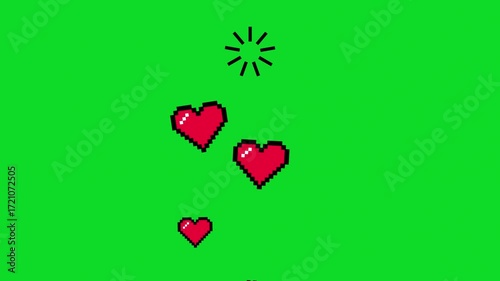 Pixel art hearts on a green screen.