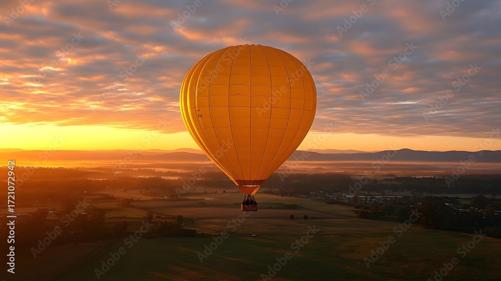 Naklejka premium Hot air balloon rising at sunrise over a misty landscape in soft golden light