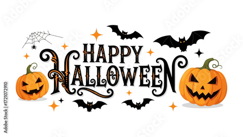 Spooky Celebration: Festive Halloween illustration, featuring two carved pumpkins with beaming grins, amidst playful bats and twinkling stars.